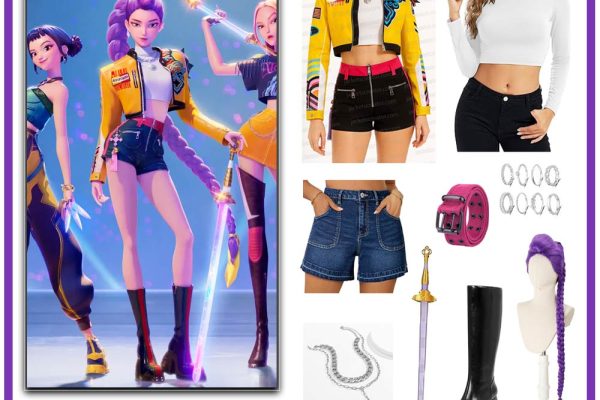 Rumi from K-Pop Demon Hunters wearing her MEMEORI-style yellow jacket and K-pop cosplay outfit.