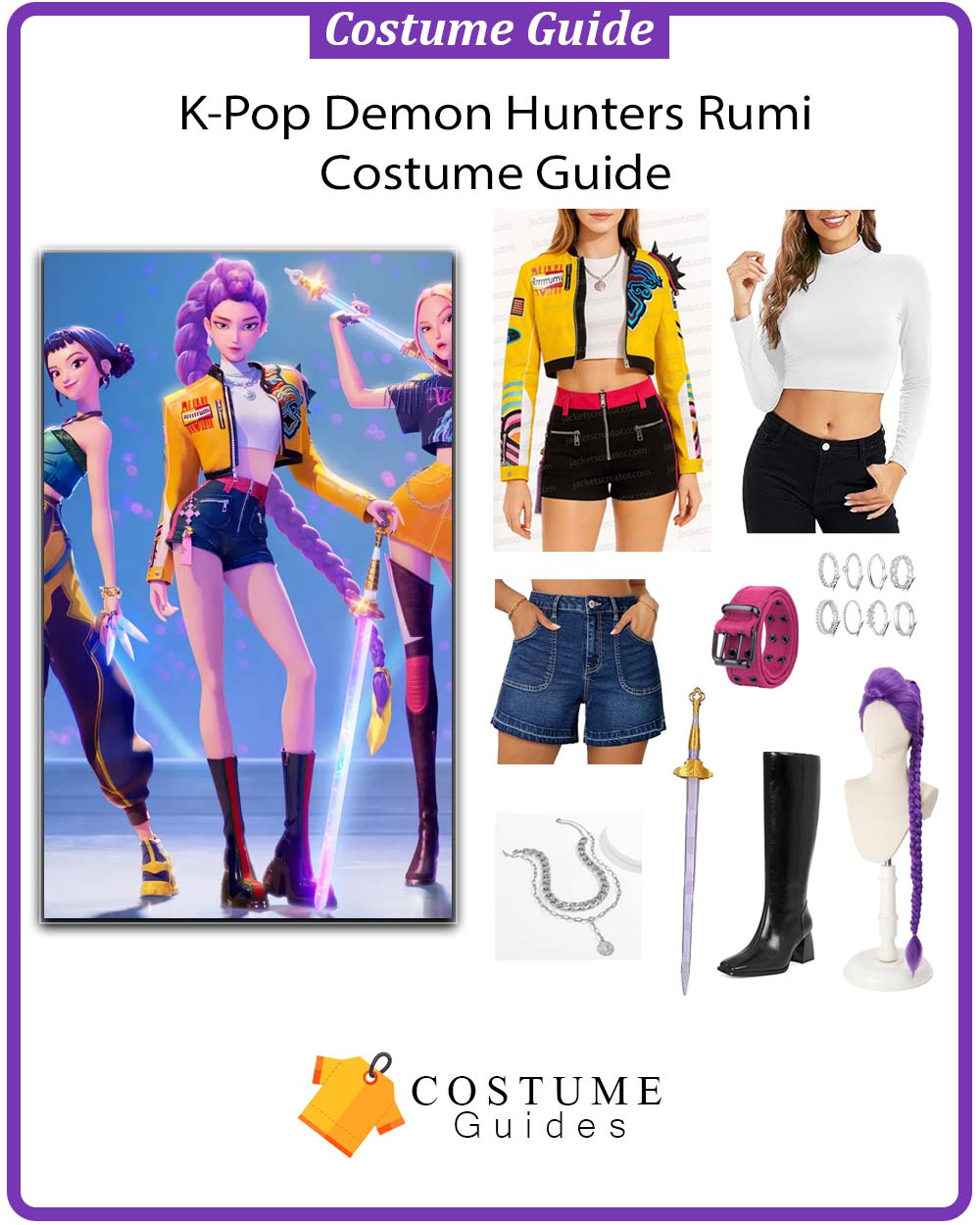 Rumi from K-Pop Demon Hunters wearing her MEMEORI-style yellow jacket and K-pop cosplay outfit.