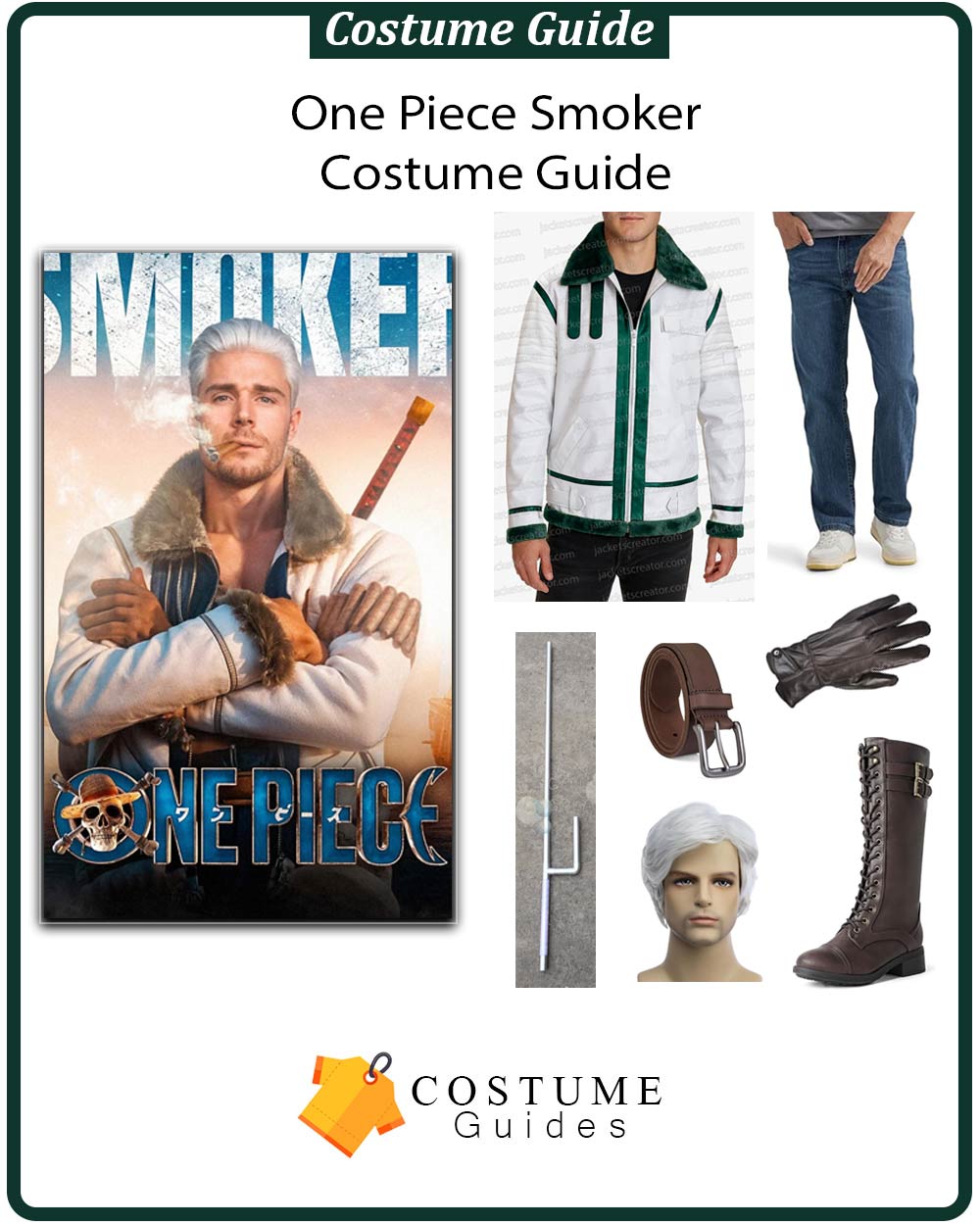 Smoker One Piece costume guide featuring white Marine coat, blue fur collar, and twin cigars from Season 2.