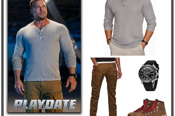alan ritchson wearing grey henley and cargo pants