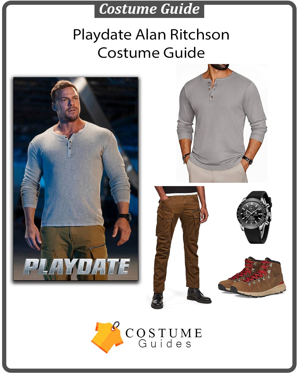 alan ritchson wearing grey henley and cargo pants