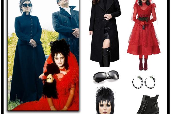 Lydia Deetz black corset dress and long coat full outfit.