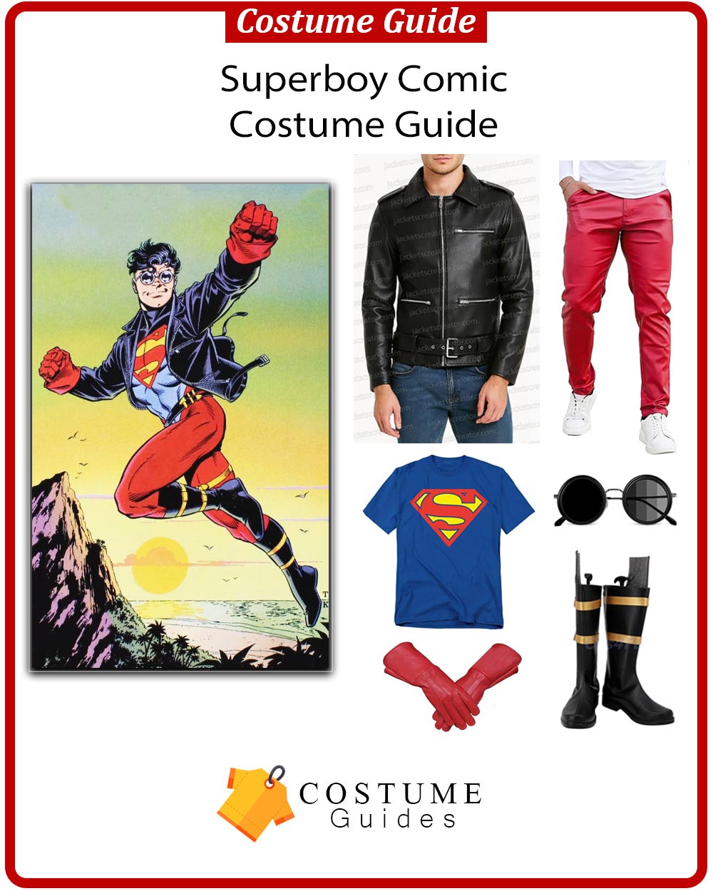 Superboy comic outfit guide showing Superboy in a blue and red suit with leather jacket and S-shield emblem