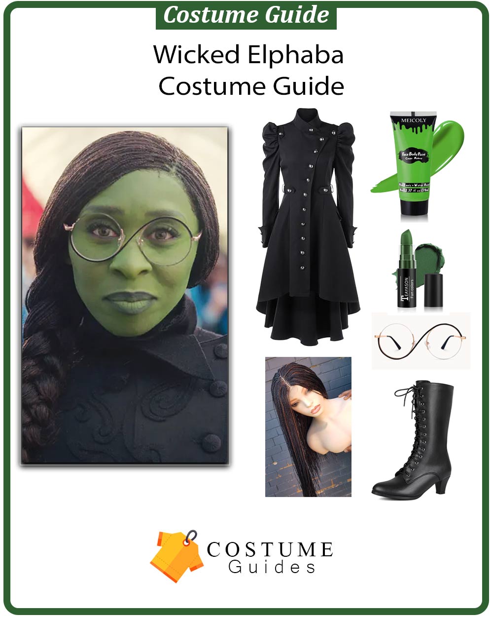 Full authentic Elphaba costume from Wicked musical with green skin, black velvet gown, emerald green lined cape, and glowing Grimmerie spellbook.