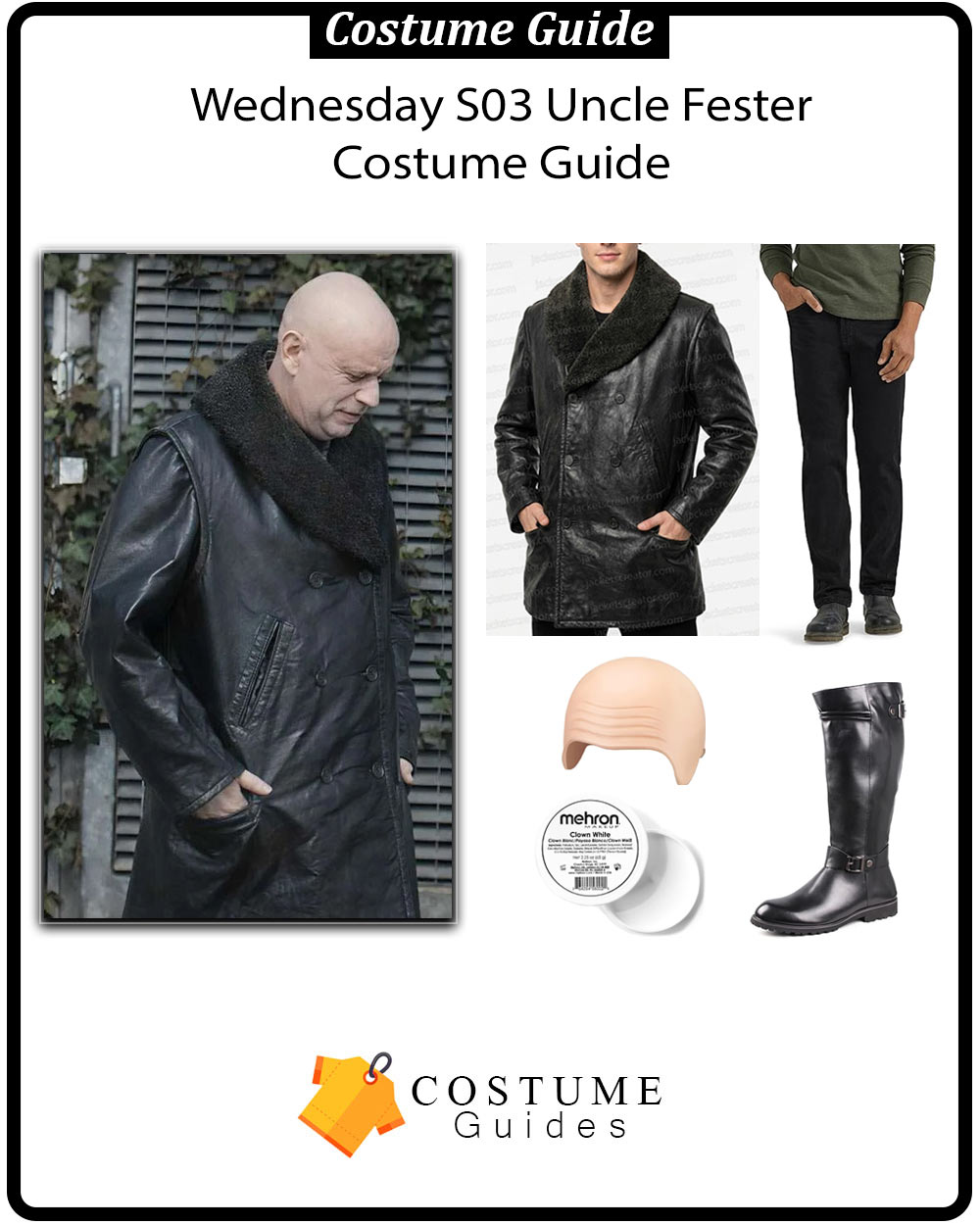 Uncle Fester costume from Wednesday Season 3 cosplay guide.