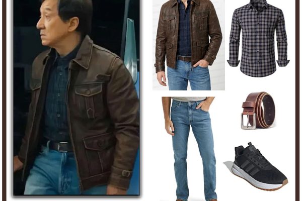 Jackie Chan wearing a brown leather jacket and blue jeans in The Shadow's Edge.
