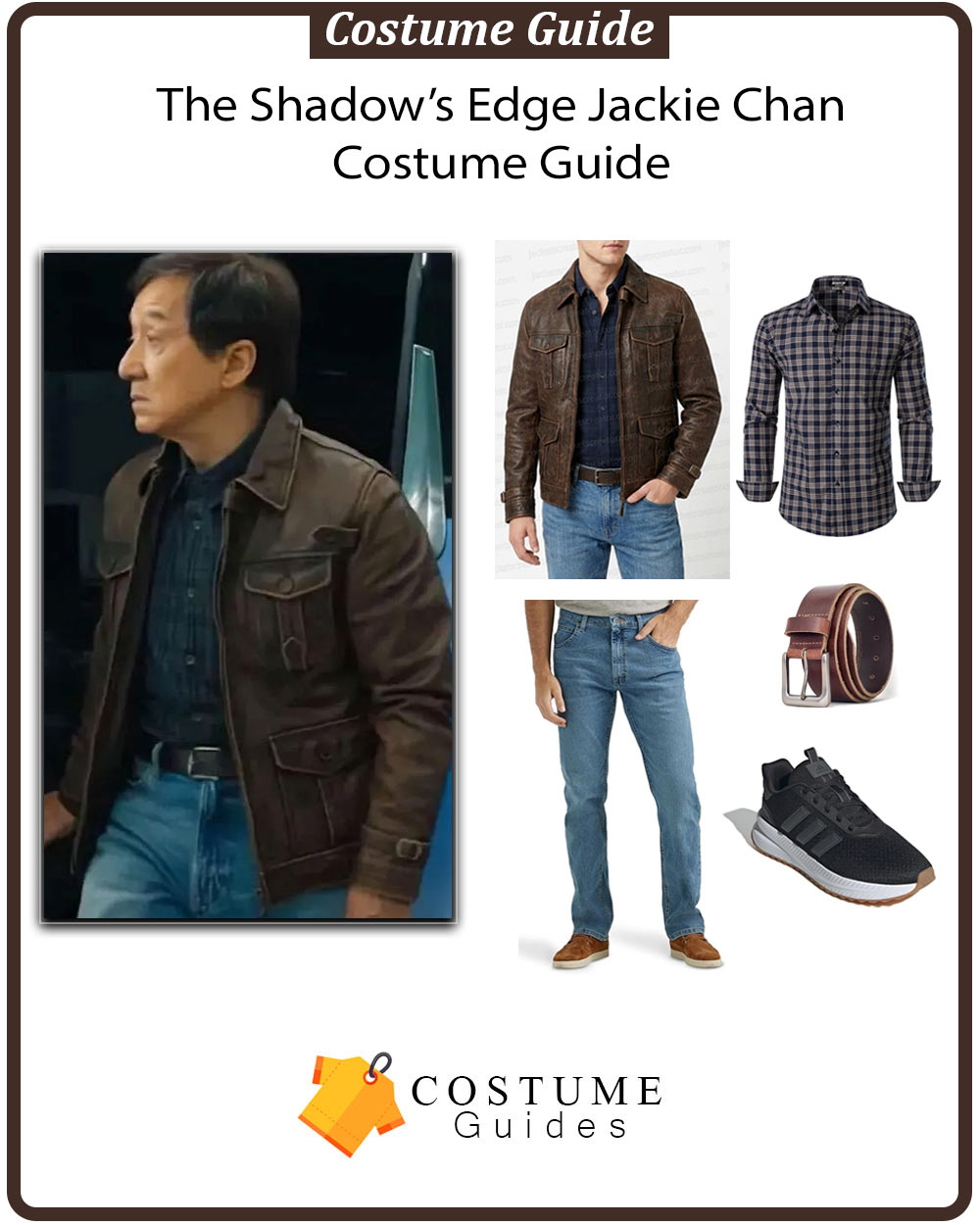 Jackie Chan wearing a brown leather jacket and blue jeans in The Shadow's Edge.